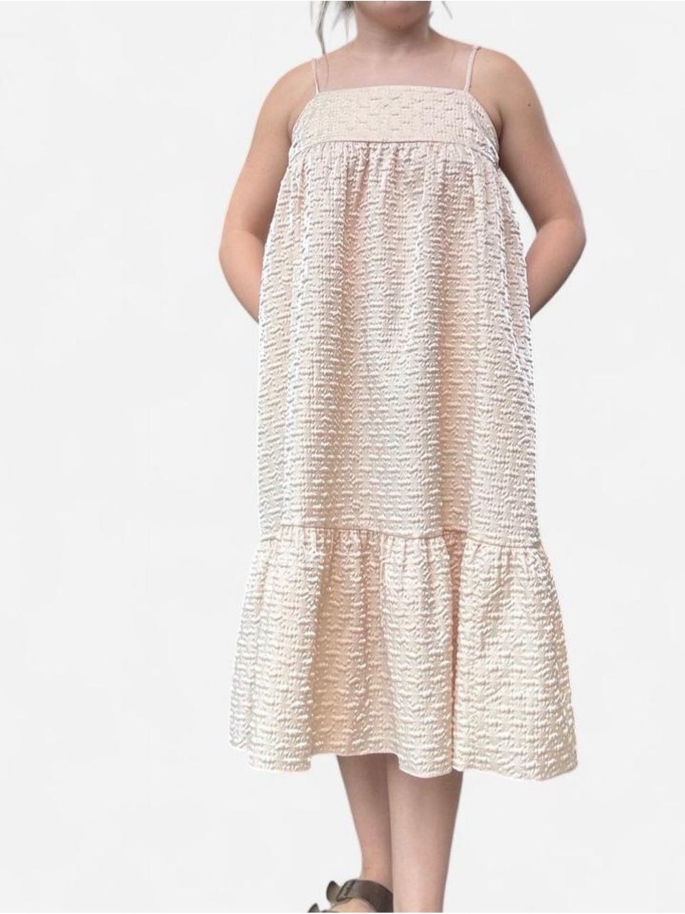 Kika Vargas Textured Spaghetti-Strap Midi Dress in Blush